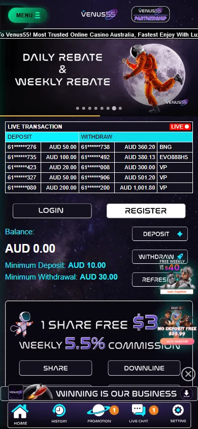 Venus55 Casino games interface on a mobile phone