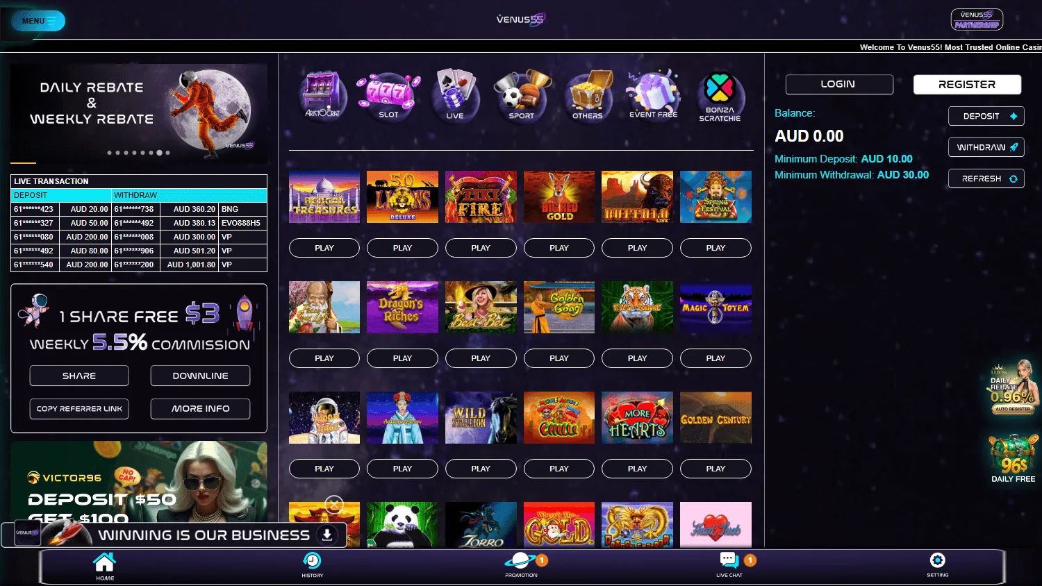 Venus55 Casino games interface on desktop