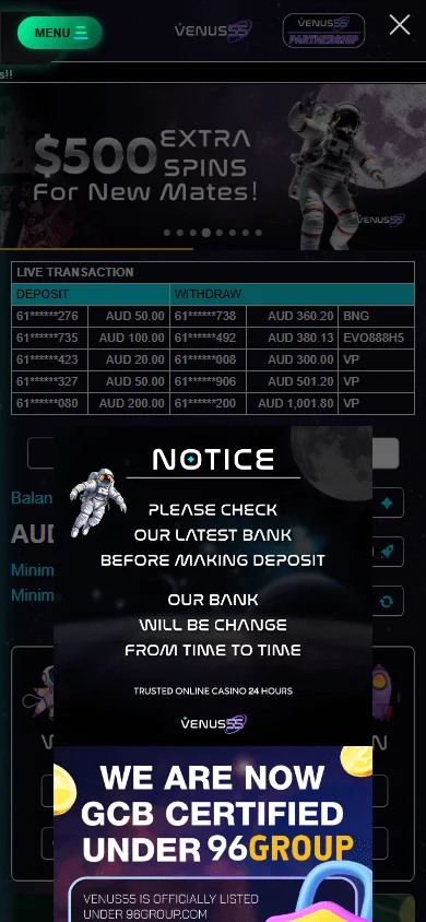 Venus55 Casino home interface on a mobile phone