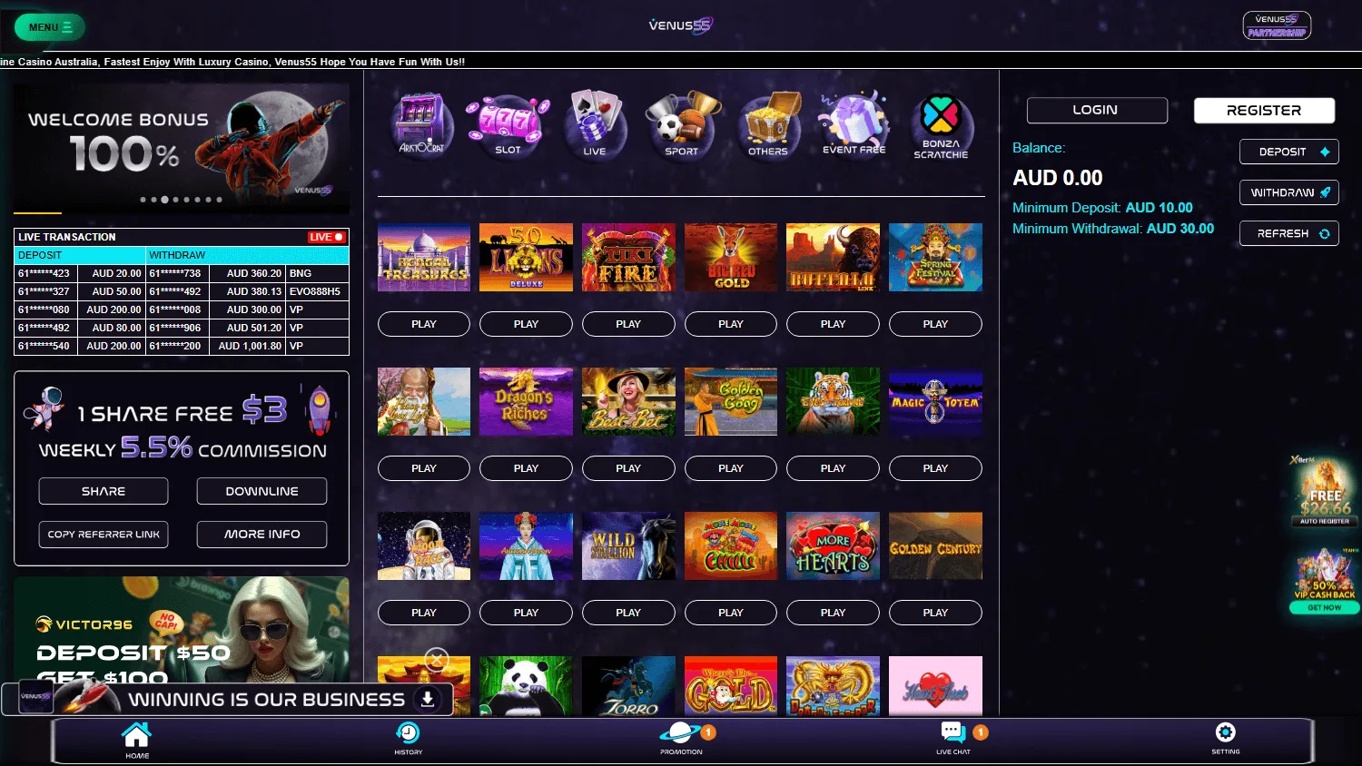 Venus55 Casino home interface on desktop