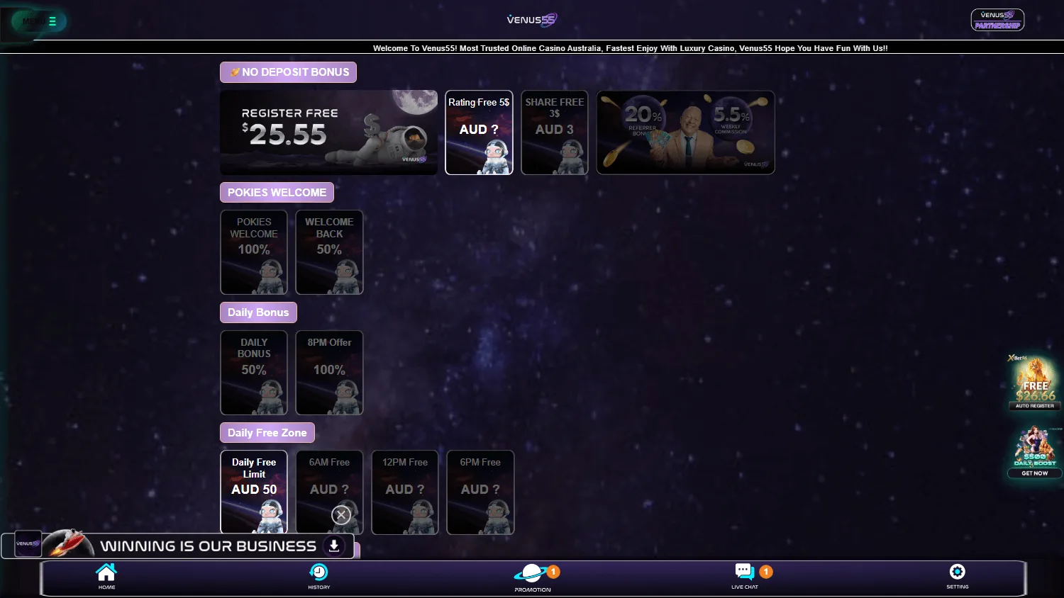 Venus55 Casino promotions interface on desktop